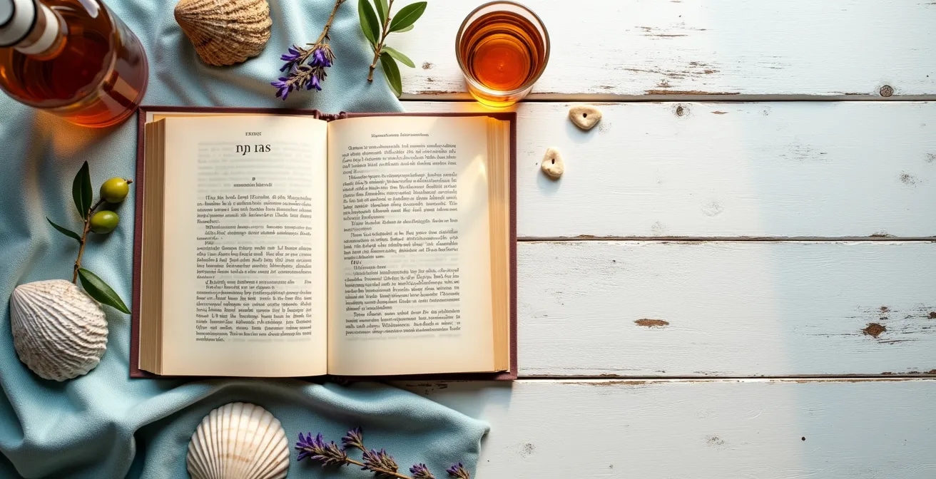 Nature morte avec livre, coquillages et branches d'olivier