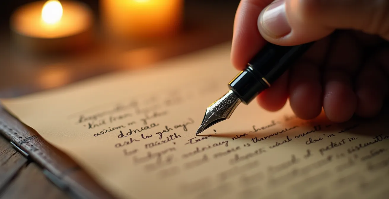 Gros plan sur une main écrivant une dédicace à la plume