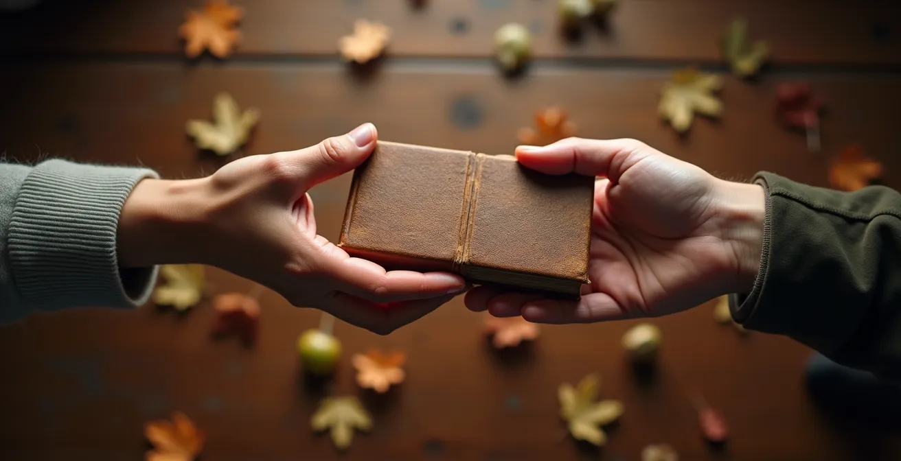 Deux mains échangeant délicatement un livre ancien